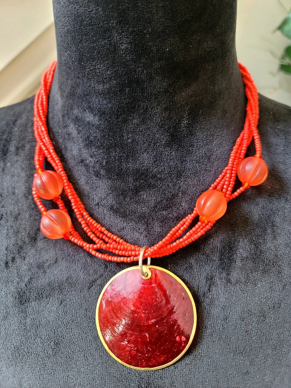 Red Multi-Strand Seed Bead Necklace with Red Enamel Disc Pendant Statement